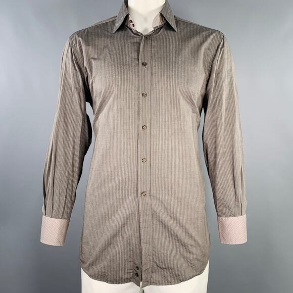 ETRO Size 44 Grey Charcoal Stripe Cotton Curved Cutaway Long Sleeve Shirt